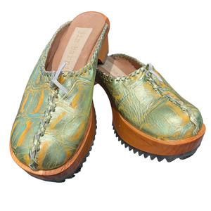 Jim Barnier Wooden Heel Clog Platform Sandals Green Leather Size 10 Free People